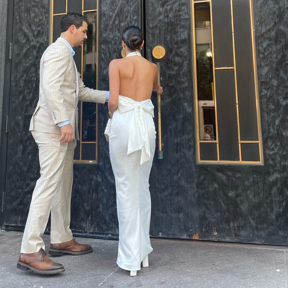 White silk halter neck dress with BOW on back- XS fits like a S
